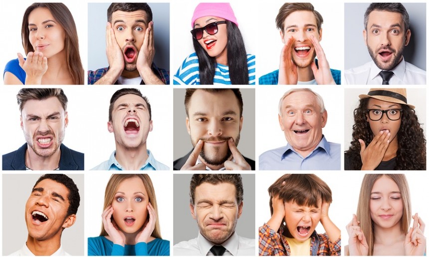 Collage of diverse multi-ethnic and mixed age range people expressing different emotions
